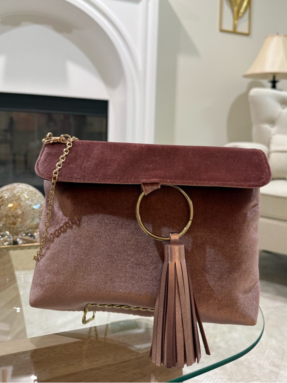 Fashion Bug Velvet Tassel Clutch in Mauve with Gold Ring - Picture 2 of 7